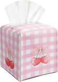 Pink Bow Cherry Tissue Box Cover Square, Leather Tissue Holder with Bottom Belt, for Nightstands Desks Office Bathroom Car Vanity Home Decor Supplies -001