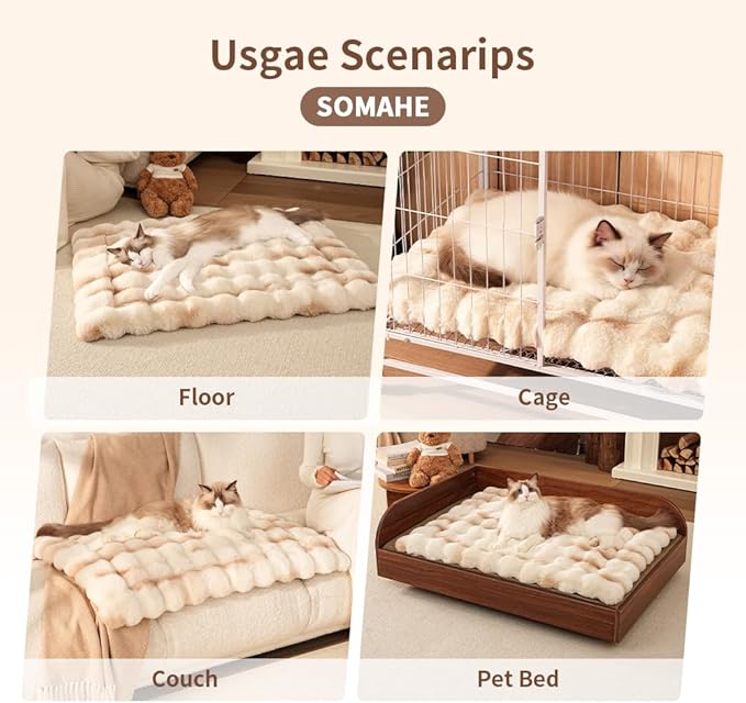 SOMAHE Cat Bed Ultra Soft Plush Machine Washable Pet Mat with Non-Slip Rubber Bottom for Indoor Cats & Dogs Faux Fur Cushion Pad for Floor Couch Carrier for Kittens & Puppies 23 x 15 Inch Medium Camel
