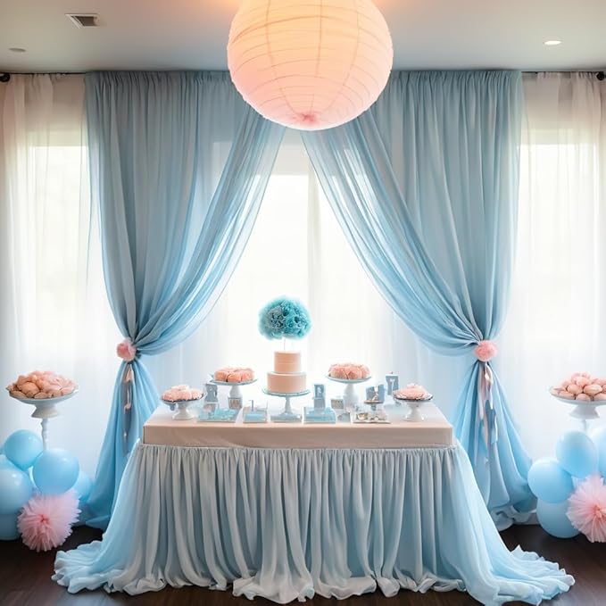 Barcelonetta | Chiffon Fabric | Decoration, Drapery Fabric | Wedding, Gender Reveal, Baby Shower, Birthday | for Arbor, Arch, Canopy, Table and Chair Decoration (Light Blue, 10 Yards)