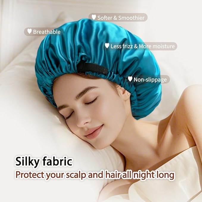 Netcken Large Microfiber Hair Towel Wrap & Satin Bonnet Set for Women, Ultra Absorbent Turban 24x42 Inches & Adjustable Night Cap for Curly Hair, Prevents Frizz & Breakage, Stocking Stuffers