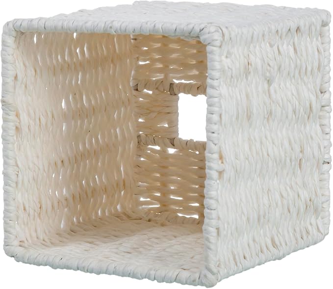 MyGift Decorative White Woven Square Tissue Box Holder with Easy Open Refill Bottom, Bathroom Decor Facial Tissues Cover with Sturdy Paper Rope Material