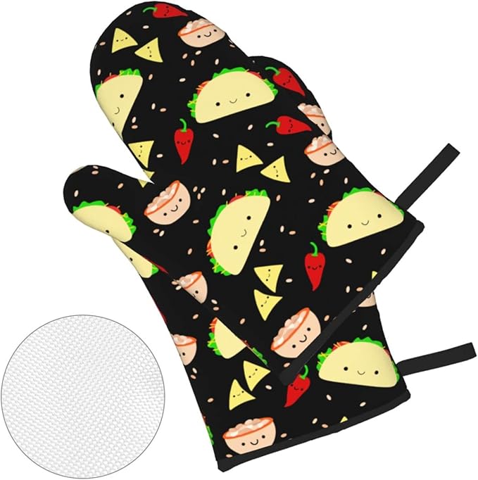 Kawaii Taco Patterned Oven Mitts and Pot Holders Set of 4, Oven Mittens and Potholders Heat Resistant Gloves for Kitchen Cooking Baking Grilling BBQ