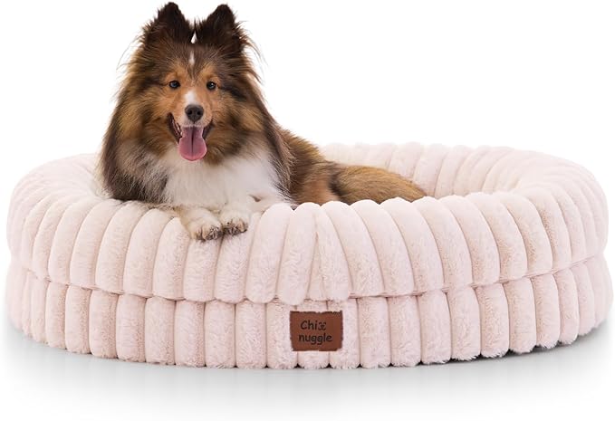 ChiXnuggle Dog Bed Medium Sized Dog - Luxury Striped Faux Fur Waterproof Pet Couch with Removable Washable Cover, Orthopedic Pet Bed with Bolster Sides for Sleeping, Pink