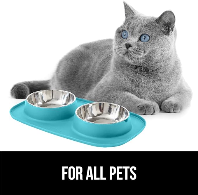 GORILLA GRIP Feeding Mat Set, 4 Cup, Patent Pending 100% Waterproof BPA Free Silicone, Stainless Steel Cat and Dog Bowls, Slip Resistant, Edges Catch Water Food, US Designed Pet Accessories, Turquoise