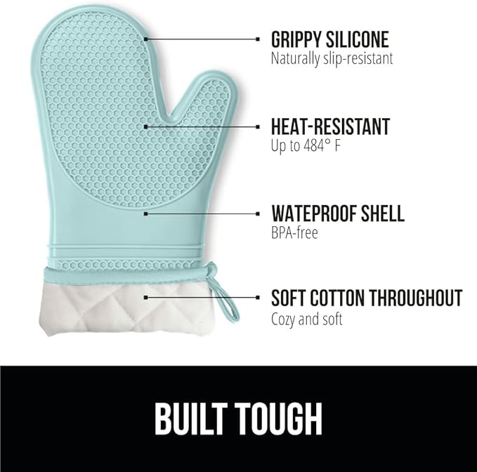 GORILLA GRIP BPA-Free Soft Silicone Oven Mitts, Heat Resistant and Waterproof Cooking Gloves, Thick Cotton Lining, Flexible Gripping for Baking Grilling, Kitchen Potholders Set of 2, 12.5x8.3, Mint