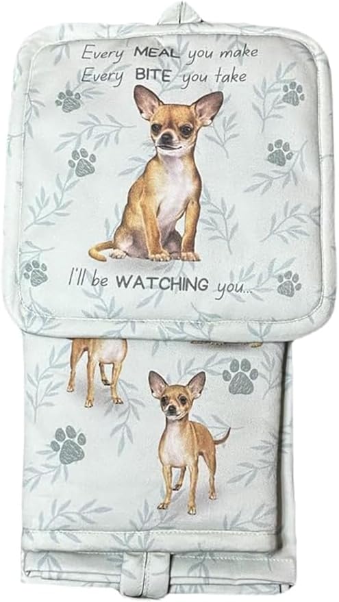Chihuahua 3-Piece Kitchen Set - Oven Mitt, Pot Holder & Kitchen Towel Set, Heat Resistant up to 420 F, Soft Quilted Cotton for Cooking, Baking, BBQ, Pet Lover Gifts (Chihuahua tan)