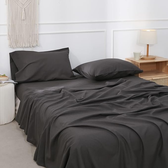 Simple&Opulence Belgian Linen Sheet Set Solid Color - 4 Pieces (1 Flat Sheet, 1 Fitted Sheet & 2 Pillowcases) Natural Flax Cotton Blend Soft Breathable Farmhouse Bedding - King Size, Dark Grey