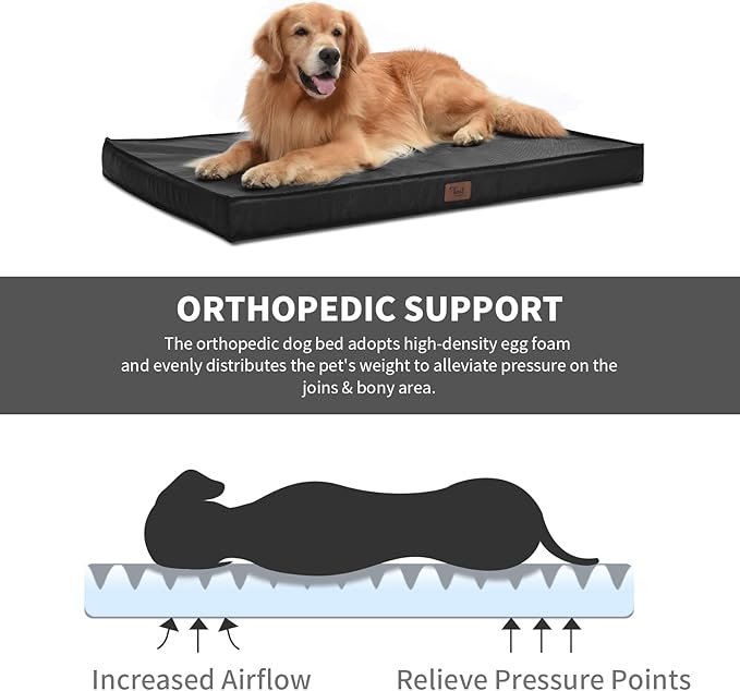Tail Stories Outdoor Orthopedic Dog Bed for Extra Large Dogs, XL Waterproof Flat Pet Bed 44x32 Inch, Egg Crate Foam with Removable Washable Oxford Cooling Cover, Black
