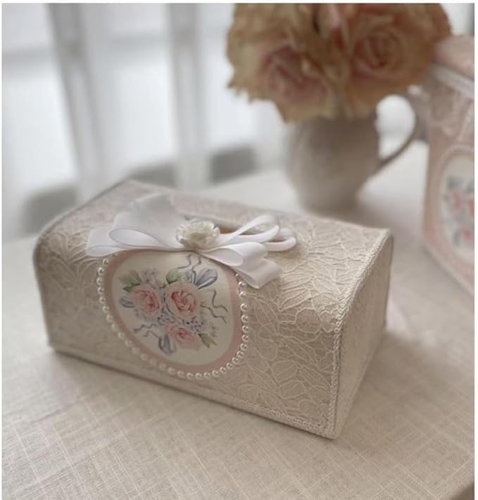 Tissue Cover Holder Fabric Art Cute Tissue Box Cover Dispenser Napkin Organizer for Bathroom Bedroom Office and Car (A-Beige)