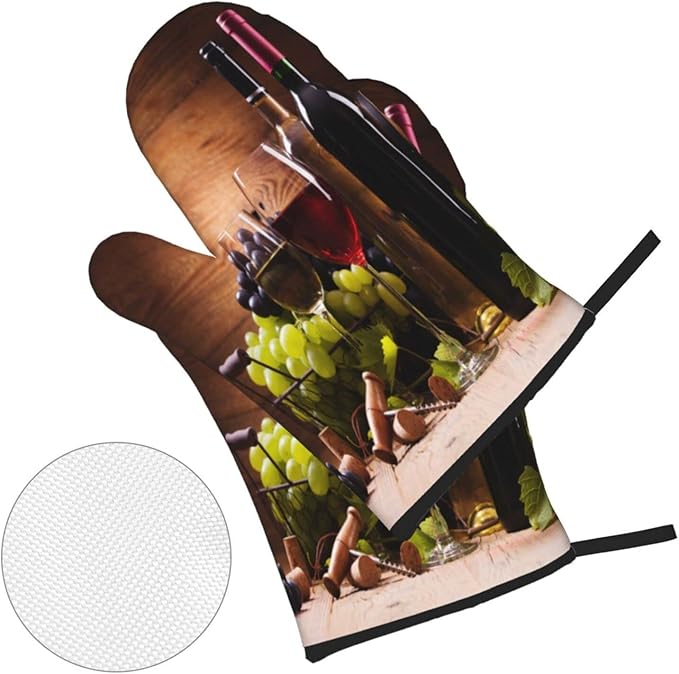 Vintage Glasses Wine Grapes Oven Mitts and Pot Holders Sets of 4 Vintage Grapes Kitchen Mitts Heat Resistant Oven Gloves Set Potholders for Kitchen Baking Grilling BBQ