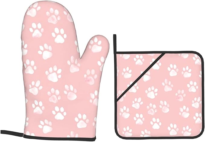 Oven Mitts and Pot Holders Sets of 4 Pastel Pink Dog Paw Pattern Kitchen Potholder Gloves Heat Resistant Non-Slip for Chef Baking Cooking Grilling BBQ Mittens