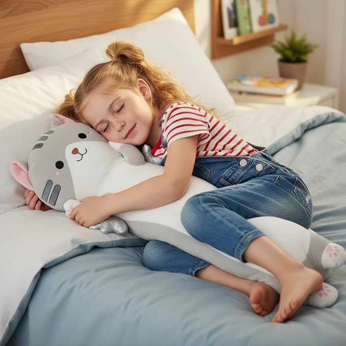 Long Cat Plush Pillow, Cute Cat Stuffed Animal Body Pillow with Wings, Soft Kawaii Kitty Hugging Pillow, Christmas Valentine's Birthday Gift for Kids Girls Boys (Gray, 60cm/23.62in)
