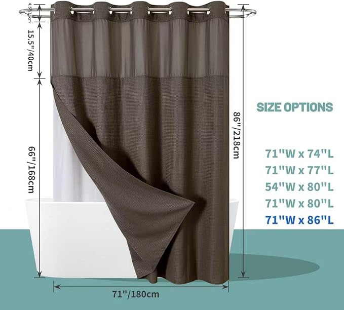 eachope Brown Extra Long No Hook Waffle Weave Shower Curtain with snap-in Liner Replacement, 230GSM Waterproof Fabric Hotel Shower Curtain Set for Bathroom, Through Mesh Top Window,71Wx86H