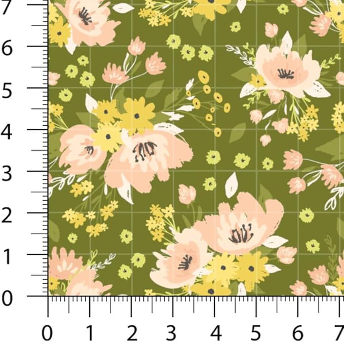 Floral Patchwork Fabric Panel 100x155 cm – 100% Cotton Satin, 6 Coordinated Yellow & Green Flower Prints on One Continuous Sheet (Assorted Florals – Yellow, Olive, Blush, 6pcs 50x50cm)