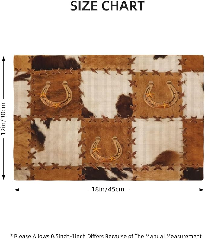 Vintage Cowhide Animal Placemats, Old West Country Cow Animal Fur Patchwork Abstract Horseshoe Print Washable Fabric Placemats Table Kitchen Dining Party 12x18 Inch Set of 6
