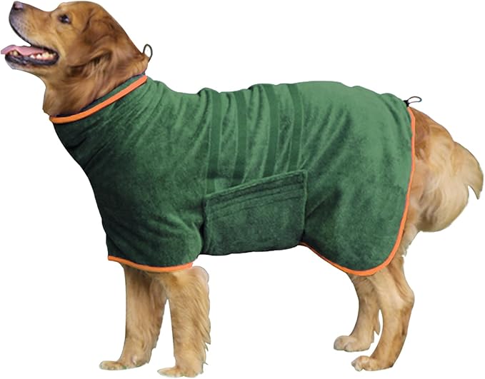 HhiMyOct Dog Drying Coat - Fast Drying Dog Towel Robe - Microfiber Super Absorbent Pet Bathrobe, Adjustable Collar & Belly Strap Pet Coat Pet Bath Robe Towel (X-Large, Green)