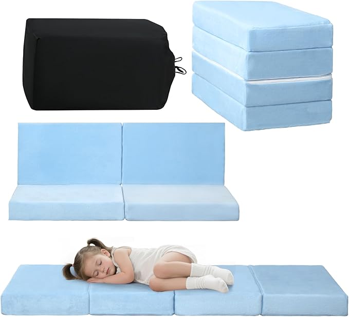 MeMoreCool Kids Foldable Floor Mattress – Plush Trifold Nap Mat, Blue Portable Toddler Sleeping Pad for Daycare & Travel, Machine Washable Cover