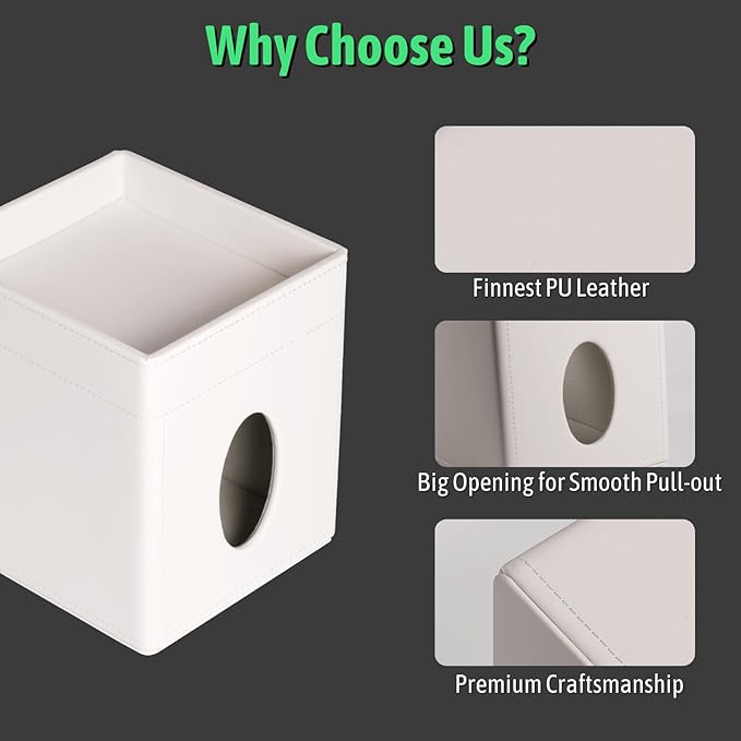 Lorteme Tissue Box Cover, PU Leather Square Tissue Box Holder with Upper Storage Tray for Bathroom/Countertop/Nightstand/Office Table - White