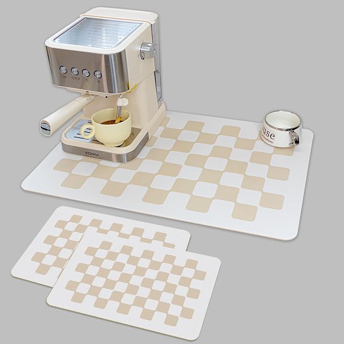 2PCS 24''x16'' Water Absorbent Dish Drying Mats for Kitchen Counter Checkered Coffee Bar Station Accessories, Easy Clean and Quick Drying,Beige Checkered