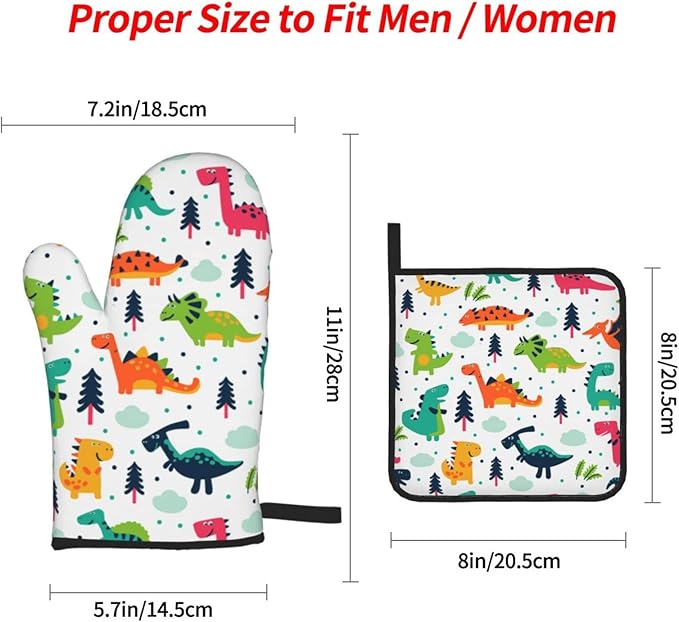 Cute Dino Kawaii Dinosaur Oven Mitts and Pot Holders Set of 4, Oven Mittens and Potholders Heat Resistant Gloves for Kitchen Cooking Baking Grilling BBQ