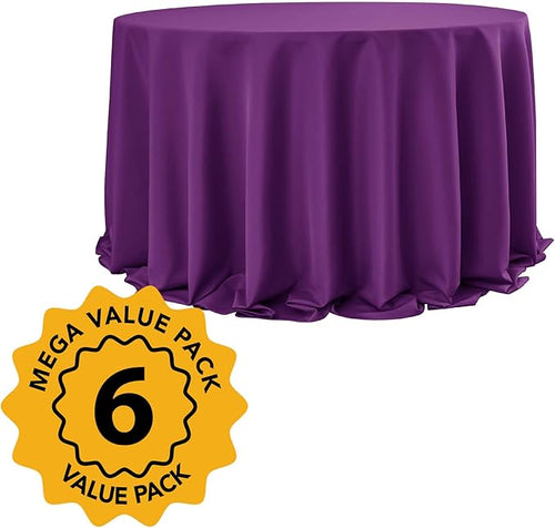 6-Pack Purple Round Tablecloths, 132 Inches, Stain-Resistant Polyester for 6-8 Ft Round Tables - Washable Table Covers for Weddings, Banquets, Birthday Parties, Events