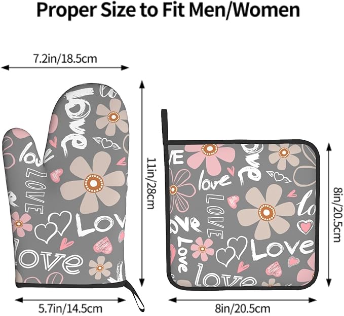 Pink Floral Blooming Oven Mitts and Pot Holders Set of 2, Heat Resistant Non Slip Love Heart Grey Kitchen Gloves Hot Pads, for Chef Cooking Grilling and Baking