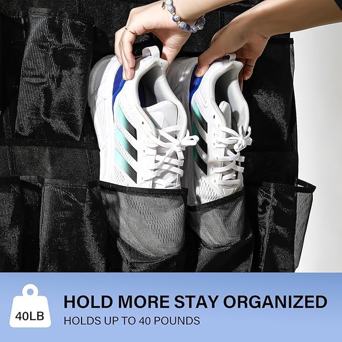 Teikou 28 Mesh Pockets Hanging Shoe Organizer, Over the Door Shoe Organizer，Closet Storage Holder for Back of Door Storage Holder for Back of Door(Black)