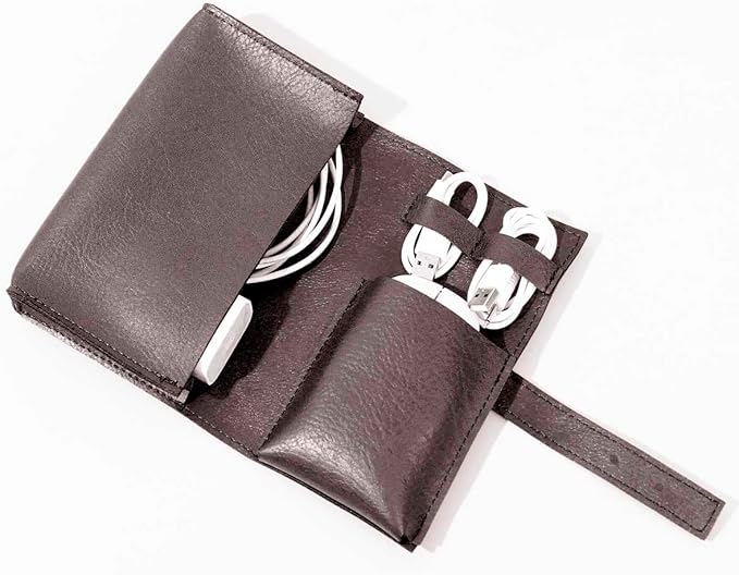 DUWUZEST Vintage PU leather Electronic organizer travel case,cord organizer travel, Leather charger shortage for essentials mouse, adapter, cables (Dark coffee)