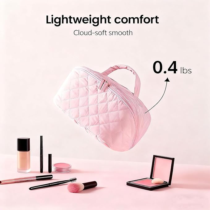 Makeup Bag for Women, Wide Open Lay-Flat Water-Resistant Cosmetic Case, Festivalment Makeup Bag, Spacious 180° Open Cosmetic Organizer for Toiletries & Brushes Large Capacity with Compartments (Khaki)