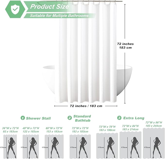 meioro White Shower Curtain, Waffle Weave 256GSM Heavy Duty Textured Fabric Shower Curtains for Bathroom Hotel Spa, Luxury Weighted Polyester Cloth Bath Curtain Set with 12 Hooks, 72Wx72H