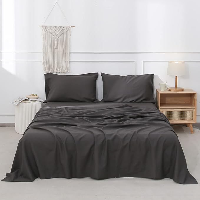 Simple&Opulence Belgian Linen Sheet Set Solid Color - 4 Pieces (1 Flat Sheet, 1 Fitted Sheet & 2 Pillowcases) Natural Flax Cotton Blend Soft Breathable Farmhouse Bedding - Full Size, Dark Grey