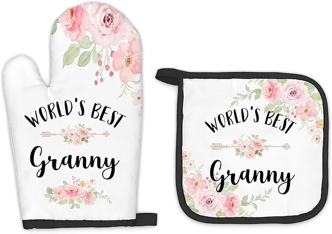 Granny Gifts Oven Mitts and Pot Holders Sets, Gifts for Granny from Grandkids Kitchen Decor Accessories Sets, World’s Best Granny Heat Resistant Oven Glove Potholders for Kitchen Cooking