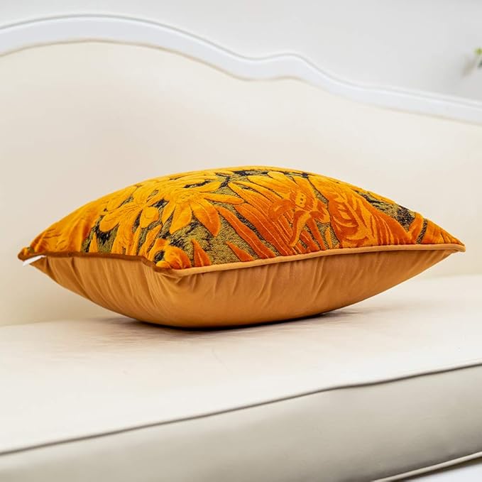 Alerfa 20 x 20 Inch Orange Square Maple Leaf Pillow Embroidery Cut Velvet Cushion Case Luxury Modern Lumbar Throw Pillow Cover Decorative Pillow for Couch Sofa Living Room Bedroom Car