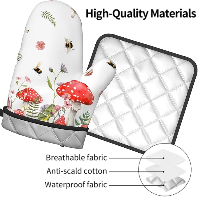 Mushroom Oven Mitts and Pot Holders Set of 2，Wildflower Botanical Heat Resistant Oven Gloves Funny Decorative Kitchen Hot Pads and Mitts for Chef Baking Cooking Grilling