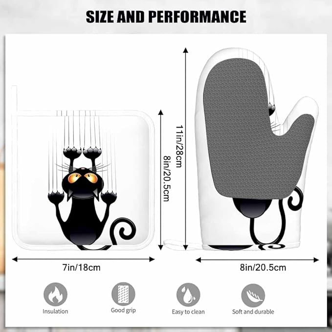 Mxocom Funny Cat Oven Mitt and Pot Holder with Silicone Black Cat Cartoon Scratching Wall Heat Resistant Kitchen for Cooking BBQ Baking Grilling Spring/Summer