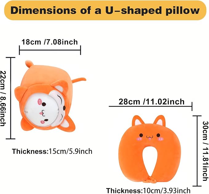 Kids Travel Pillow - 2-in-1 Deformable Kids Neck Pillow for Traveling, Soft U-Shaped Pillow with Adorable Animal Design, Comfy Sleep and Play, Ideal for Airplanes and Traveling (QQ Orange Fox)