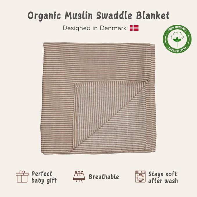 Huxie Swaddle - 100% Organic Cotton - Muslin Swaddle Blankets for Newborn, 47" x 47" (Natural Stripe)