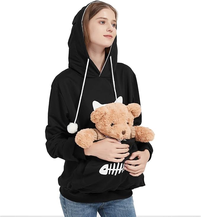 Gets Pet Cat Dog Pouch Hoodie Kitten Puppy Holder Carrier Long Sleeve Kangaroo Pocket Hoodie Unisex (Black,XXL)