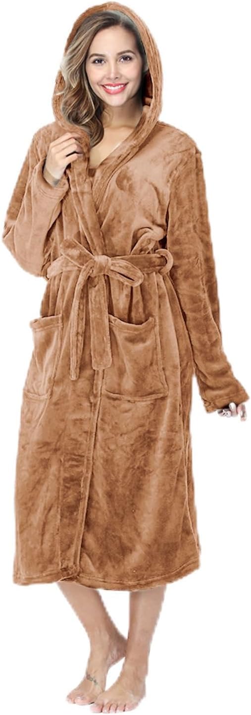 RONGTAI Womens Robes Plush Fleece Hooded Bathrobe Thick Nightgown with Pockets Fluffy Sleepwear