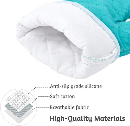 4Pcs Oven Mitts and Pot Holders Set, 572F Heat Resistant Oven Glove, Soft Cotton Lining with Non-Slip Surface for Kitchen Baking BBQ (Turquoise)
