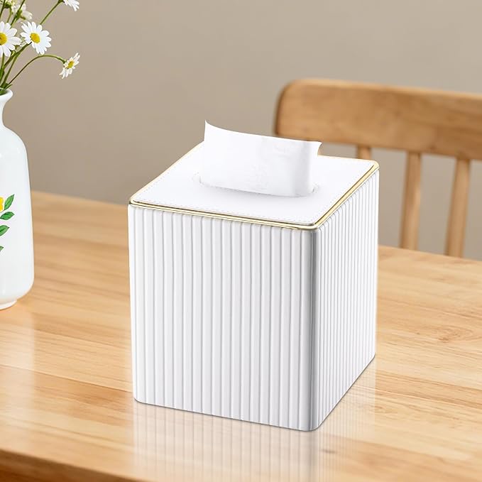 KINGFOM Tissue Box Cover, PU Leather Square Tissue Box Holder for Kleenexs with Magnetic Bottom Cover for Facial Tissues/Napkins, Office & Living Room Decor Box White