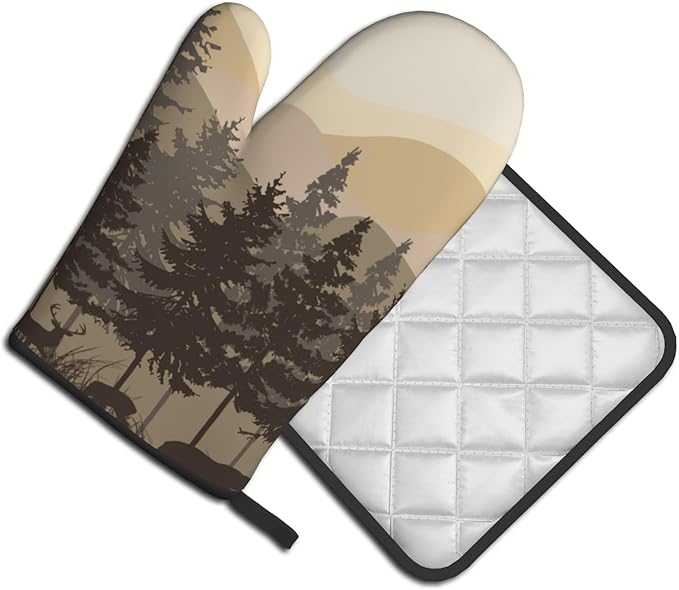 Rustic Bear Deer Oven Mitts and Pot Holders Sets Cabin Forest Animals Kitchen Decor Accessories Multi-use Cooking Camping Oven Gloves for BBQ Cooking Gifts