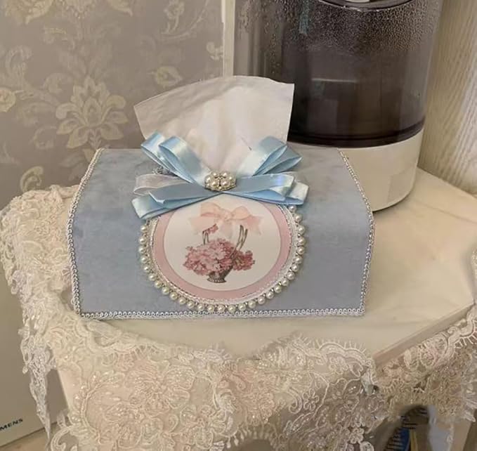 Tissue Cover Holder Fabric Art Cute Tissue Box Cover Dispenser Napkin Organizer for Bathroom Bedroom Office and Car (C - Light Blue)