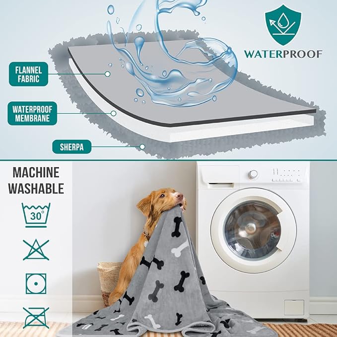 PetAmi Waterproof Dog Blanket Sherpa Fleece, Pet Small Medium Dog, Reversible Large Cat Throw Bed Couch Sofa Furniture Protector Soft Plush Microfiber (Small 24x32, Bone Print Gray), (24x32)