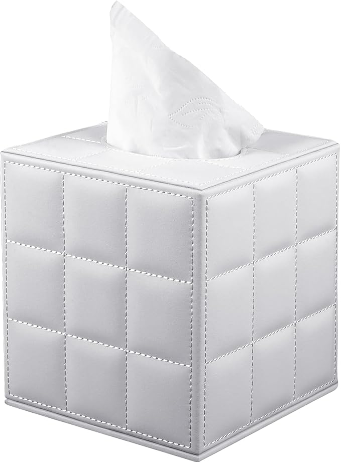 XNONE Tissue Box Cover Square Tissue Box Holder PU Leather Facial Organizer with Magnetic Bottom,Decorative Napkin Caddy for Vanity Dresser Night Stand Table Countertop Home Office Car,White