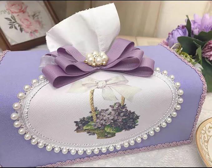 Tissue Cover Holder Fabric Art Cute Tissue Box Cover Dispenser Napkin Organizer for Bathroom Bedroom Office and Car (C-Purple)