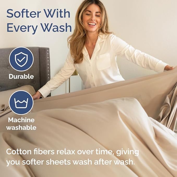 400 Thread Count Cotton Sheet Set - Twin XL Size 100% Cotton Sheets - Easily Fits 8" to 16" Mattress - Silky-Soft, Wrinkle Free, Breathable & Comfy - Deep Pockets & Hotel Quality Bedding Set - Cream