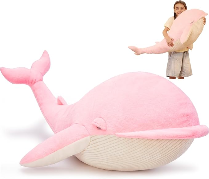 Tezituor 43.3 inch Giant Whale Stuffed Animals, Hugging Soft Pink Whale Plush Body Pillow for Girls Women, 4ft Life-Size Ocean Sealife Plush Gift for Christmas Birthday