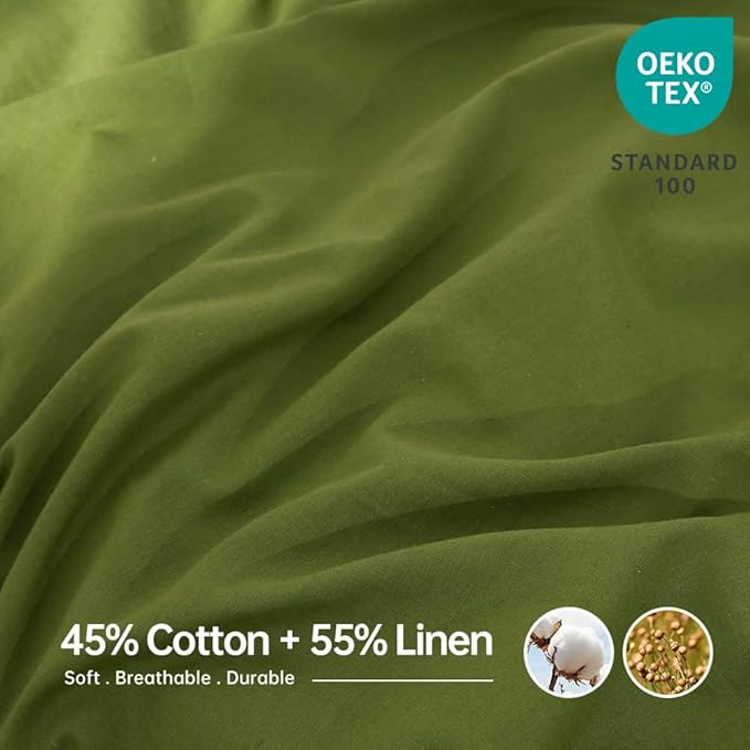 Simple&Opulence Belgian Linen Sheet Set Solid Color - 4 Pieces (1 Flat Sheet, 1 Fitted Sheet & 2 Pillowcases) Natural Flax Cotton Blend Soft Breathable Farmhouse Bedding - King Size, Forest