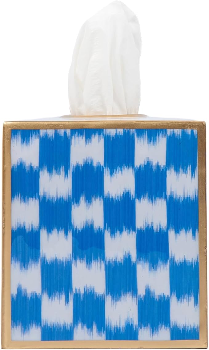 Jaye’s Studio Blue Ikat Checkered Tissue Box Cover Gold, Enamel Decorative Blue and White Tissue Holder, Square Cube Facial Tissue Box for Coastal Bathroom Guest Vanity, Checkered Home Decor Accent